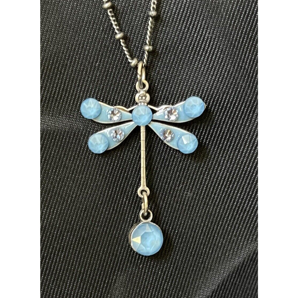 Vintage Anne Koplik Dragonfly Necklace Statement Blue Crystal Silver Tone